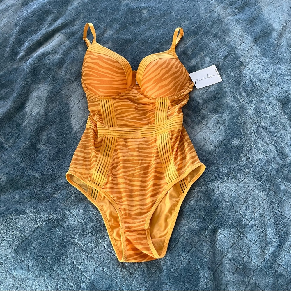 French Affair Tiger Print Mesh Bodysuit Orange‎ Yellow Underwire W1527-700-FZA S
